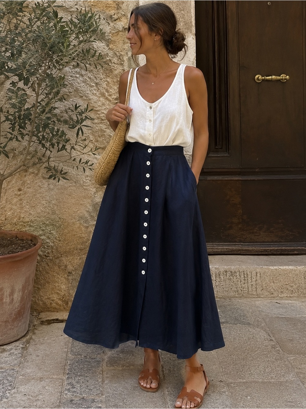 Esprit 100% Linen Navy Button-Front Maxi Skirt